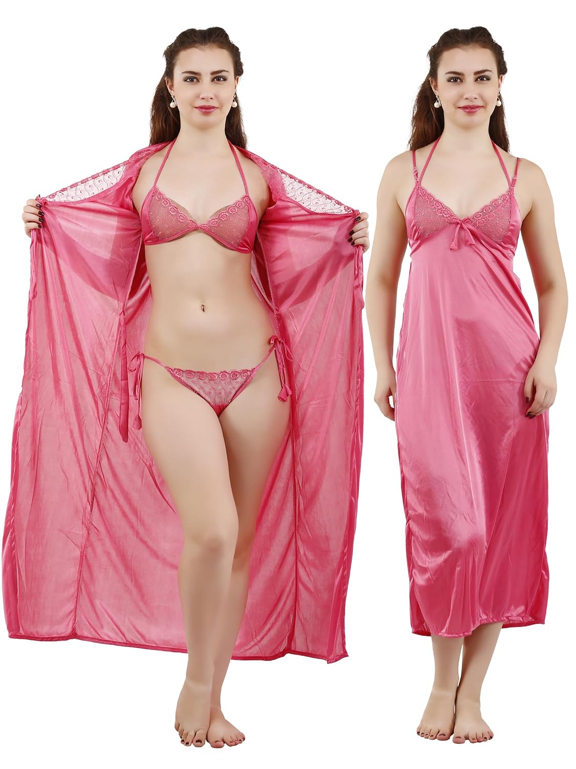 Romaisa Women's Solid Maxi Satin Nightwear Set, Nighty with Robe and Bra with Panty, Pink Free Size Nightwaer (Pack of 4) ...