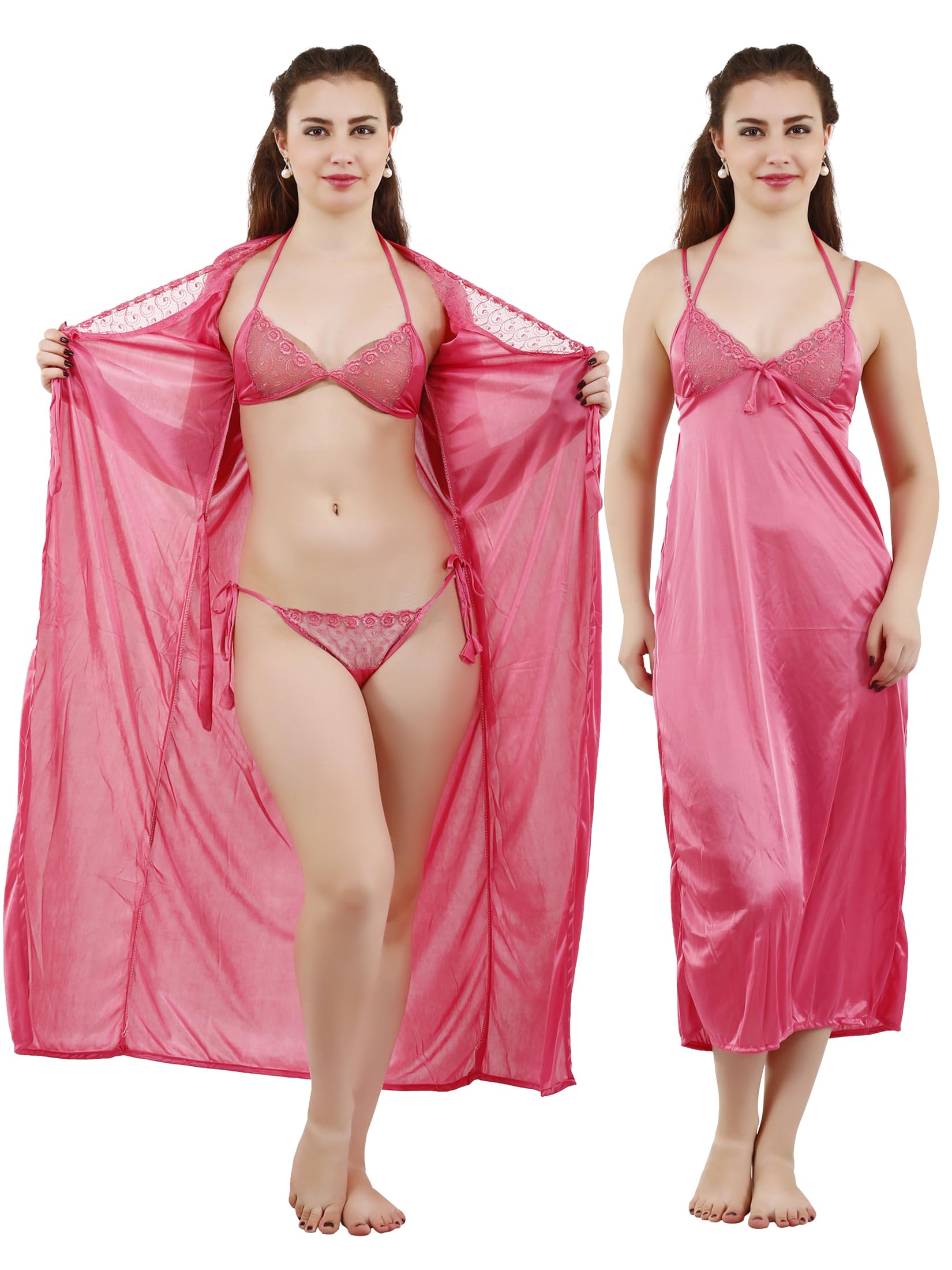 romaisa Women's Satin Solid Maxi Length Nighty, Wrap Gown, Bra and Thong (FP411OMR375, Pink, Free Size, Nightwear Set Pack of 4)-picture-39