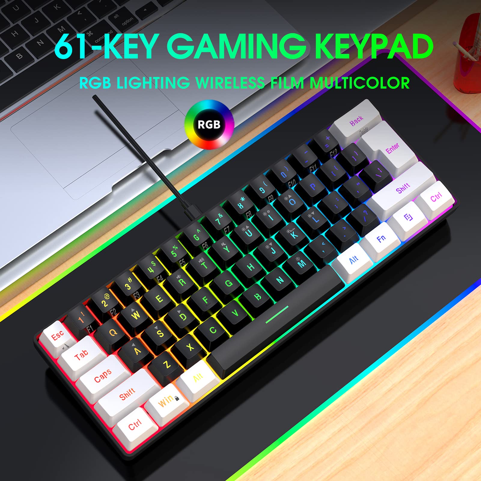 Irfora V700BW+A869 - Kit tastiera e mouse USB per computer con retroilluminazione RGB a 61 tasti + mouse da gioco cablato, illuminazione LED colorata, DPI a 4 livelli, max. 3200 DPI per PC laptop