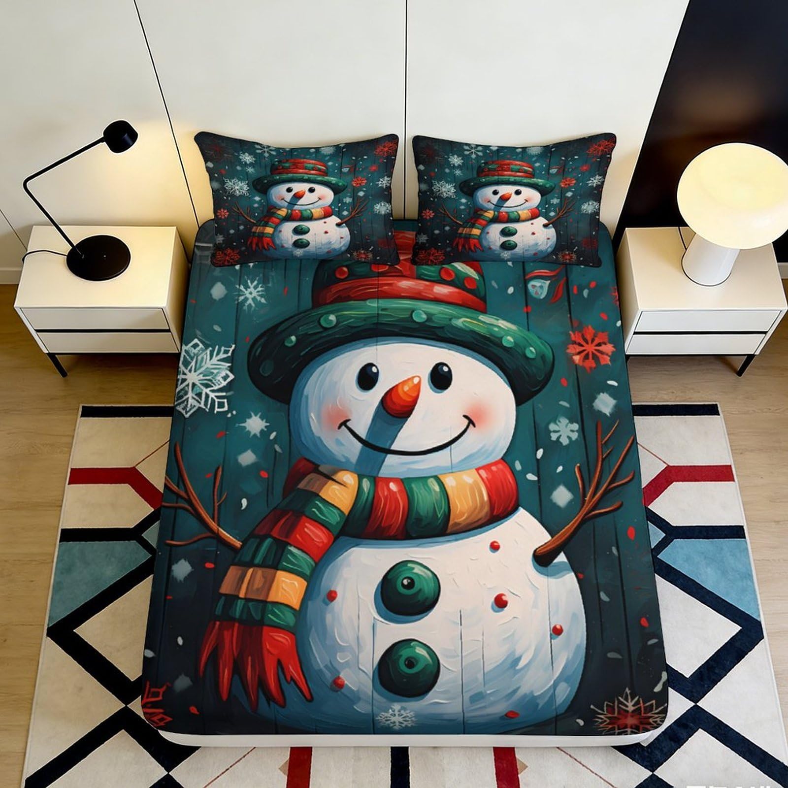 Jqzkxnhpbr Style-2 3D Printed Snowman Christmas Fitted Sheet Microfiber Soft Winter Holiday Snowflake Bed Cover For Bedroom Guest Room Decor 90X200x25cm