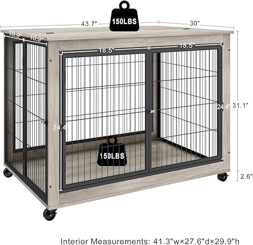 Miniatura 5 de IchbinGo Muebles de jaula para perros, mesa de madera para perros, perrera de 43.7 pulgadas con 3 puertas, apertura superior abatible y ruedas, casa