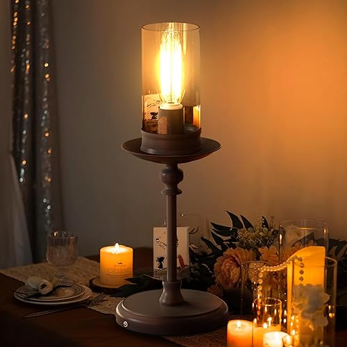 Lámpara de mesa LED vintage, recargable, control táctil, luz cálida regulable, acabado de metal, decoración retro para dormitorio, comedor, bodas,