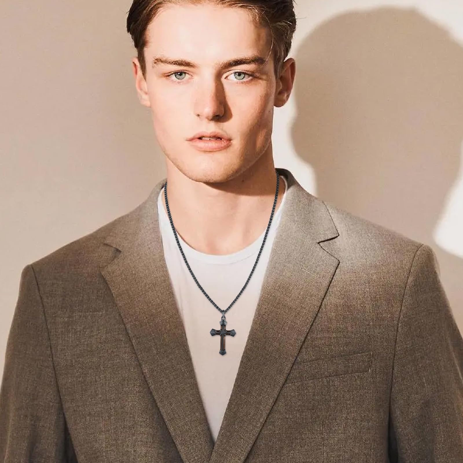 Herren Holzkreuz Kette 925 Sterling Silber Ebenholz Kreuzanhänger 55+5 cm Verstellbare Kette Schwarz Religion Schmuck Weihnachten Jahrestag Geburtstag Geschenke für Männer 35 mm