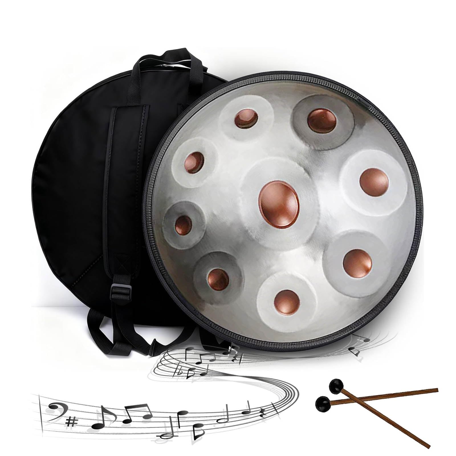 Handpan 432Hz/440Hz Strumento a Percussione 22 Pollici Re Minore 9/10/12 Note Tamburo in Acciaio con Borsa Morbida, Mazze, Handpan per Yoga e Guarigione Sonora(Gold-Silver,432HZ/10Note)