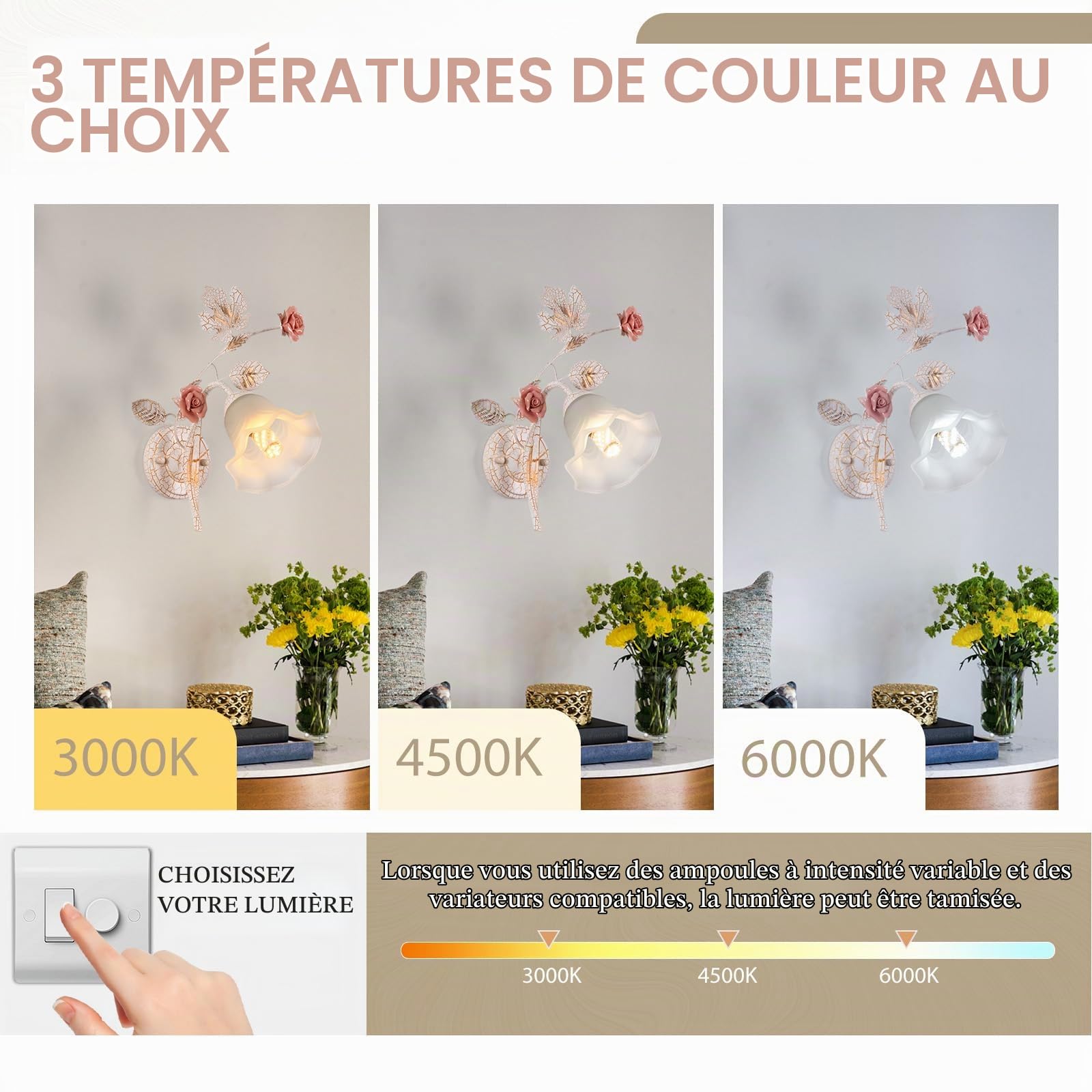 Vintage Fleur Applique Murale en Verre,Lampe De Chevet Chambre Fleurs en Craquelé Déco Métal Base,applique en forme de fleur en Céramique pour Salon,Cuisine,Couloir,Chevet,Escaliers,1TêTe.