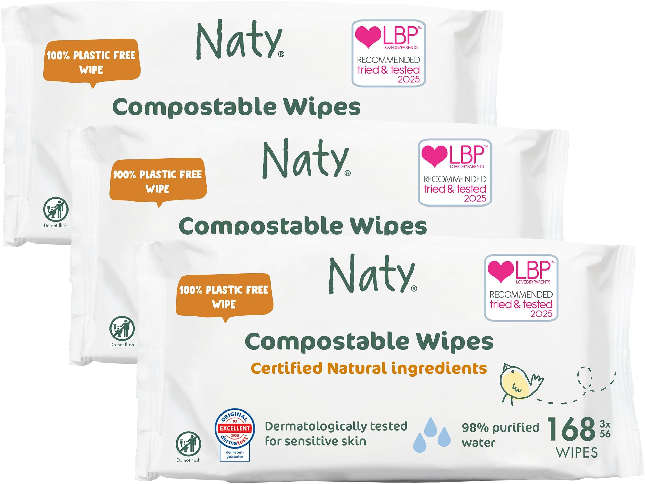 Naty Baby Wipes | 98% Water & Natural for Sensitive Skin | Unscented, Plant-Based, Fragrance-Free | Plastic-Free & Compostable | Newborn & Toddler Gentle Wet Wipes | 168 Count (3 Packs)