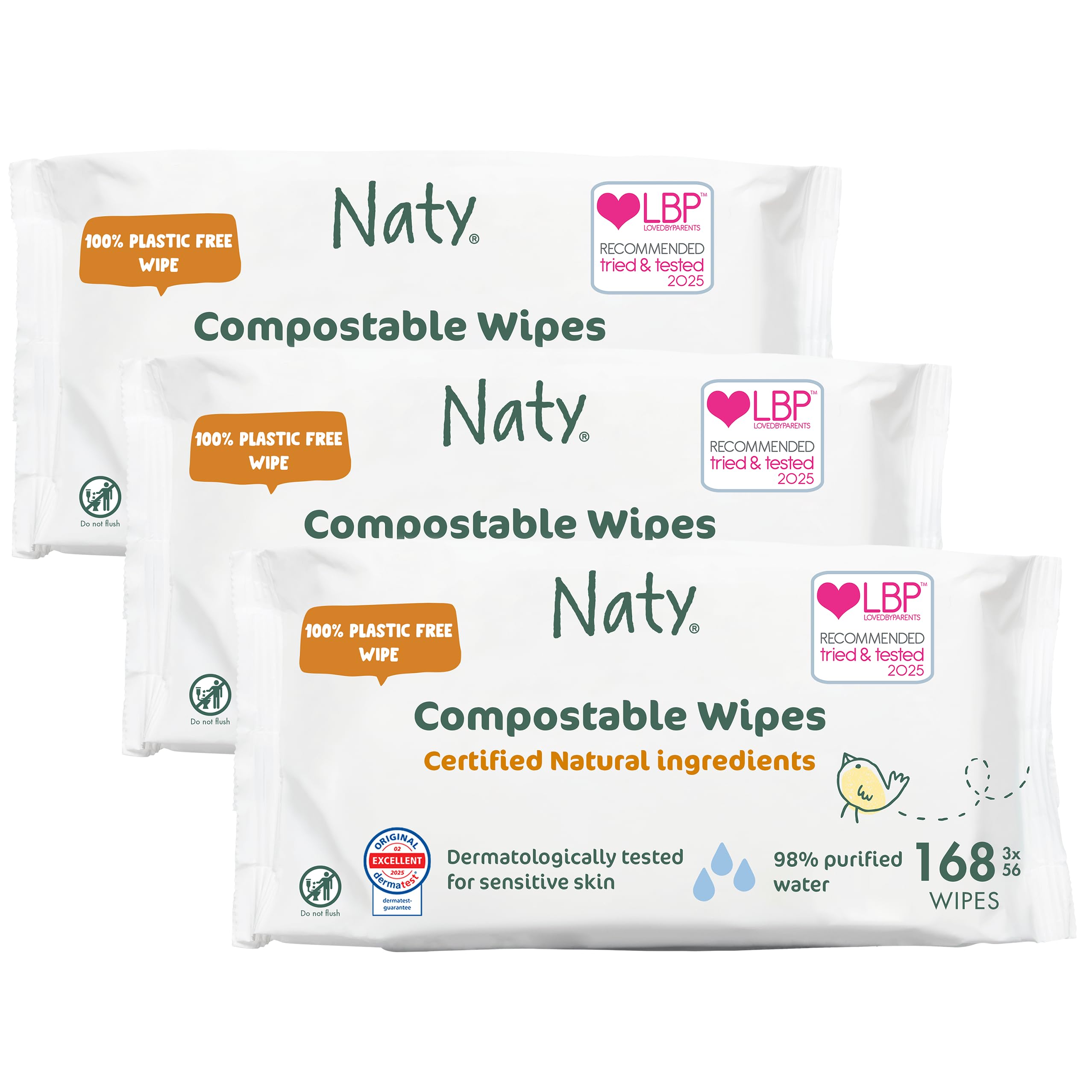 Baby Wet Wipes | Natural & Fragrance-Free, 98% Purified Water for Sensitive Skin | Gentle cleans for Newborns | Plant-Based, Plastic-Free & Certified Compostable Baby Wipes | 168 Count (3 Packs)