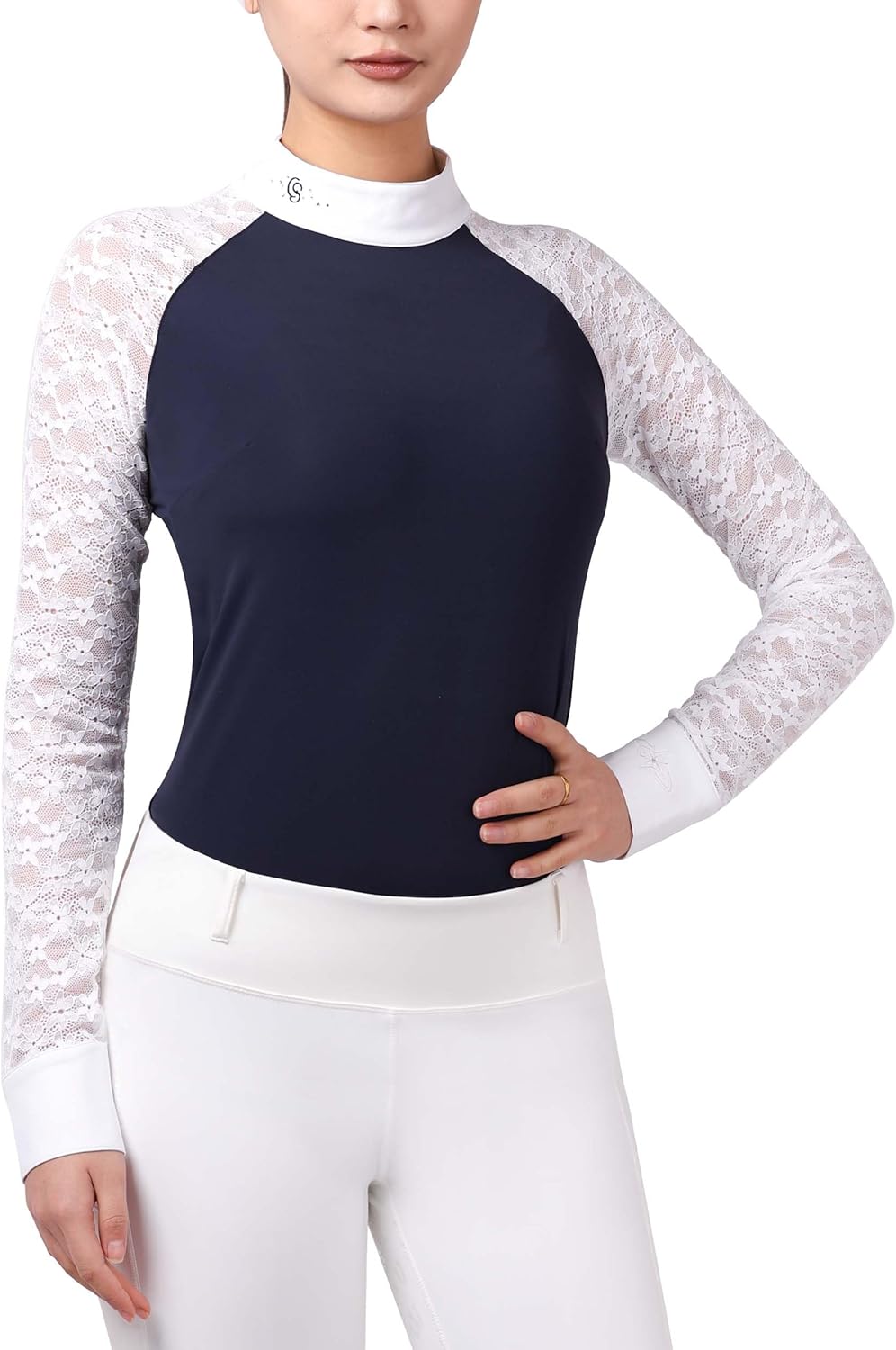 Women’s Equestrian Show Shirt, Slim Fit Long Sleeve Competition Top with Lace Raglan Sleeves