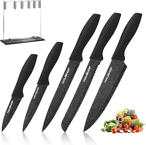 HAUSHOF Juego de cuchillos de cocina, juegos de cuchillos de 5 piezas con bloque, juego de cuchillos de acero de primera calidad para cocina con