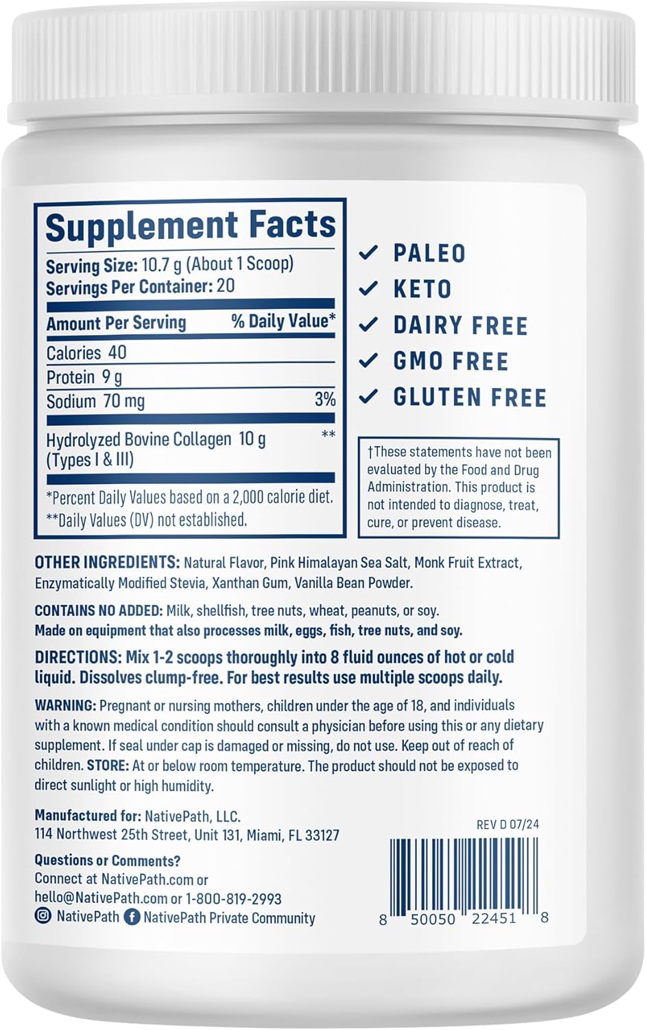 NativePath Collagen Peptides - Hydrolyzed Type 1 & 3 Collagen. Keto & Paleo Grass-Fed Protein Powder for Hair, Skin, Nails, Bones, Joints, Digestion and More - No Gluten or Dairy (Vanilla Bean, 214g) - Image 3