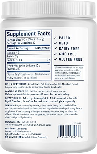 Miniatura 3 de NativePath Péptidos de colágeno Colágeno hidrolizado tipo 1 y 3. Proteína en polvo cetogénica y paleo alimentada con pasto para cabello, piel,