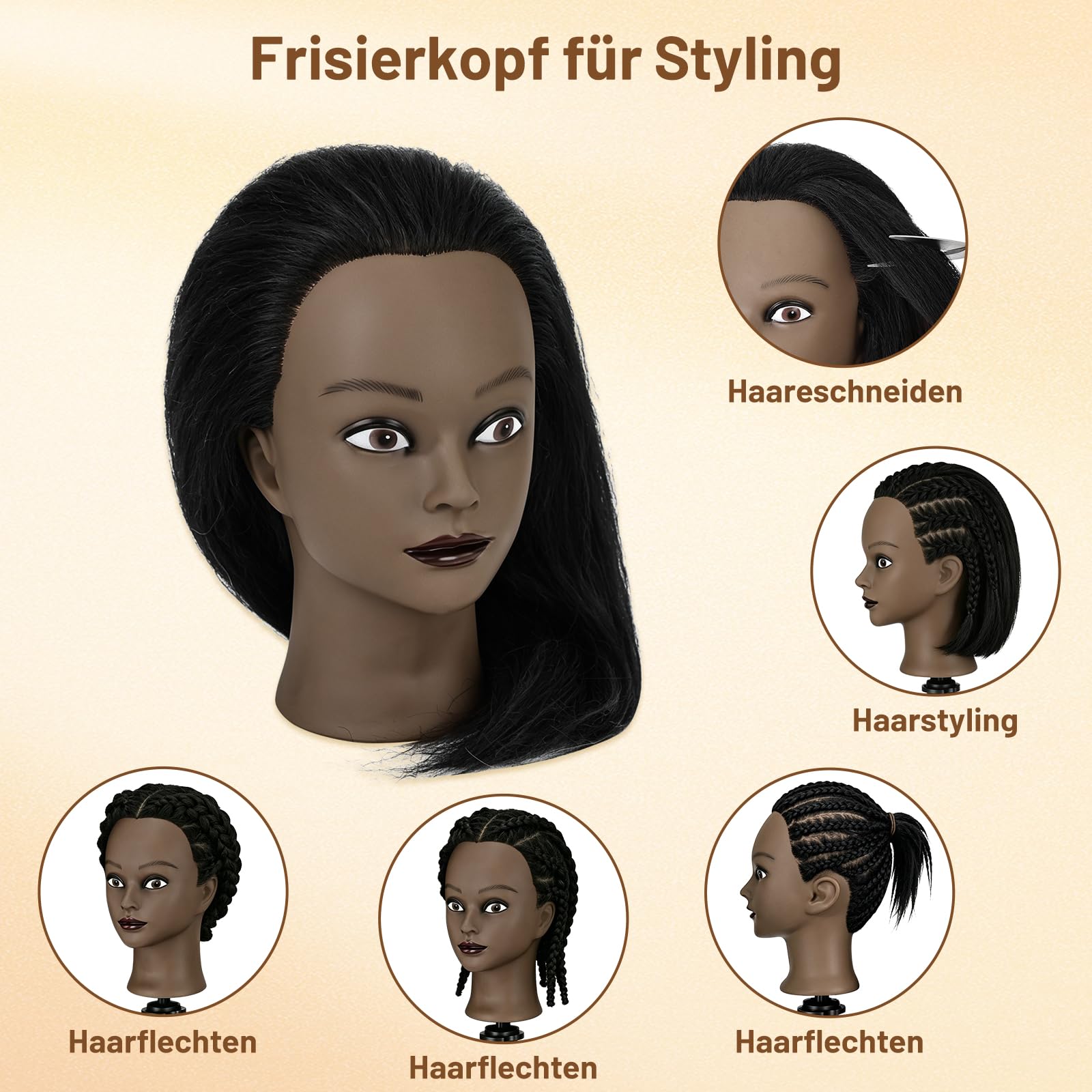 TwoWin 16 Zoll /40 cm Afro Trainingsköpfe für Friseure, Frisierkopf mit 100% Echthaar, Übungskopf Afrikanischer Friseurkopf Puppenkopf mit Tischhalter + Haar Styling Braid Set (Schwarz)