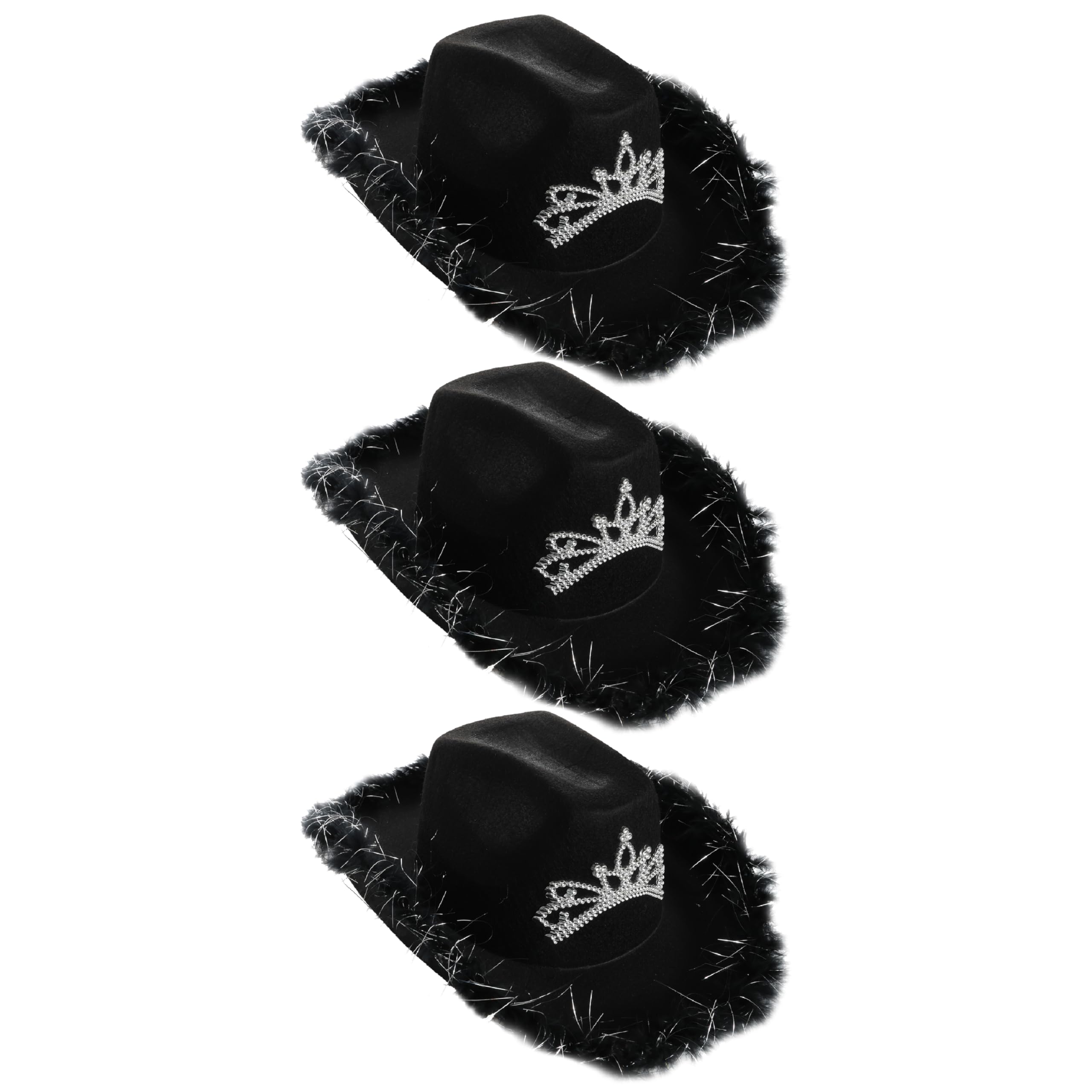 Tiara Cowgirl Hats - Pack of 3 - Black Cowgirl Hat with Tiara Decoration and Marabou Trim - Adults Music Festival Fancy Dress Accessory