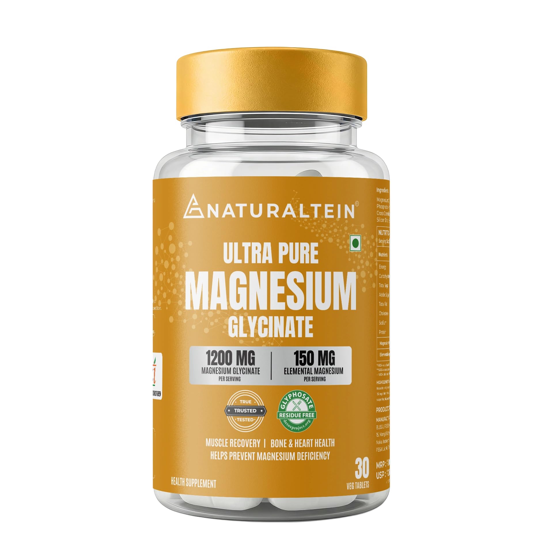 Naturaltein Magnesium Glycinate 1100mg (150mg Elemental) | Chelated High Absorption Magnesium | Supports Sleep Quality & Normal Muscle Function | Glyphosate Tested | 30 Tablets