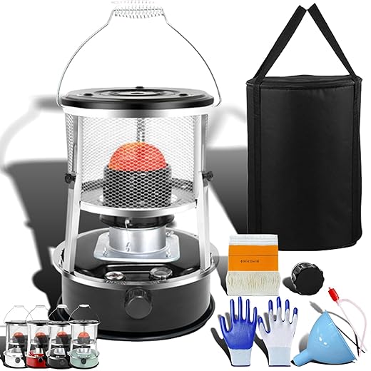 Non Electric Heaters for Indoor, 9000 Btu(Lasts 18 H) Kerosene Heater Indoor for Large Rooms, Portable Heater for Power Outage, Suitable for Camping, Home, Garage, Emergency Heat (Black 7 Piece)