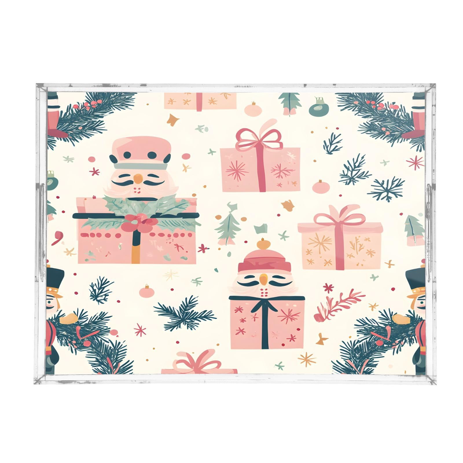 Nesatuwa Christmas Nutcracker Acrylic Serving Tray with Handles,Clear Serving Tray Decorative Tray Organiser for Ottoman, Kitchen, Bedroom Decorative Tray 12x16 Inches