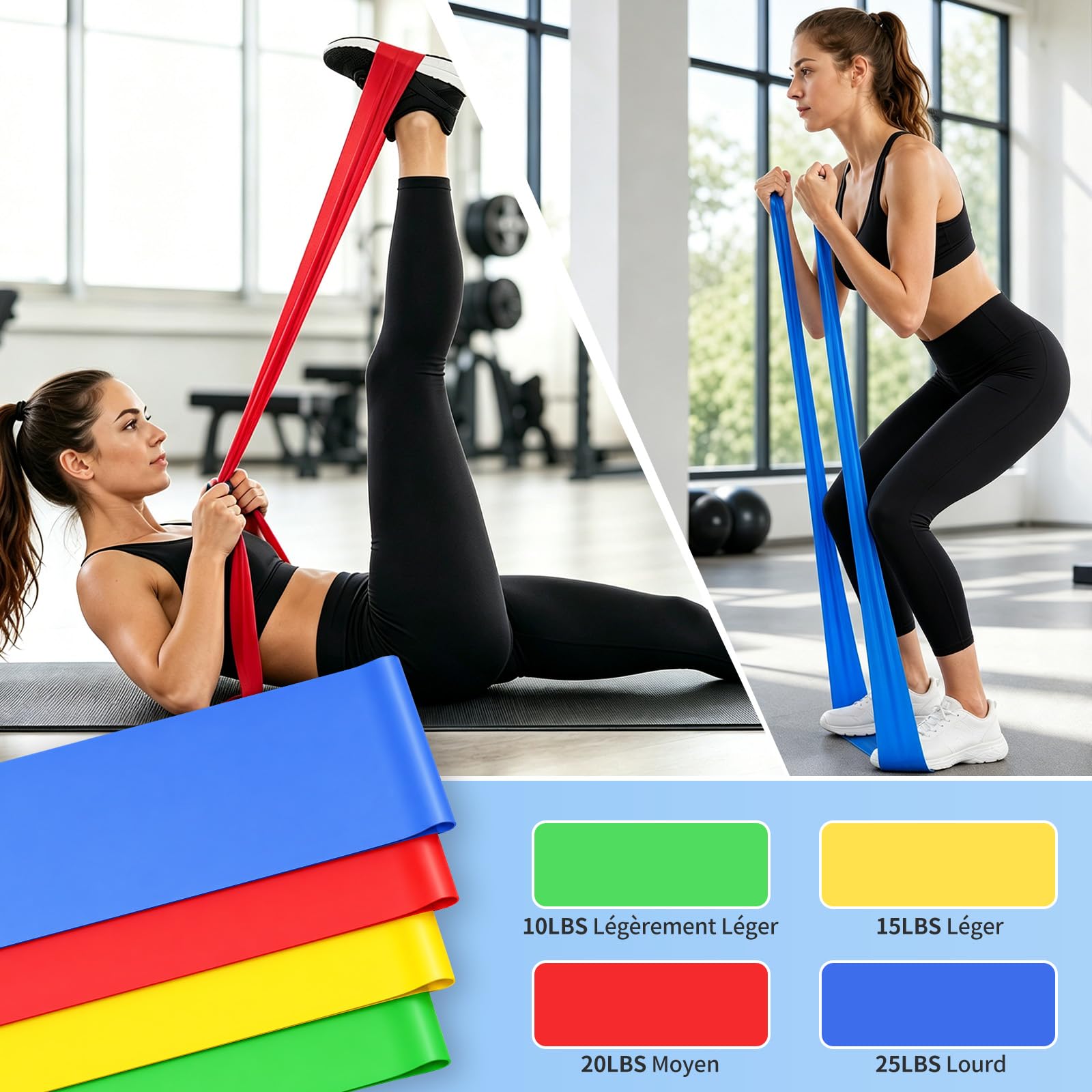 Bandes Élastiques Musculation 1.5M 4 Niveaux Résistance pour Sport Yoga Pilates