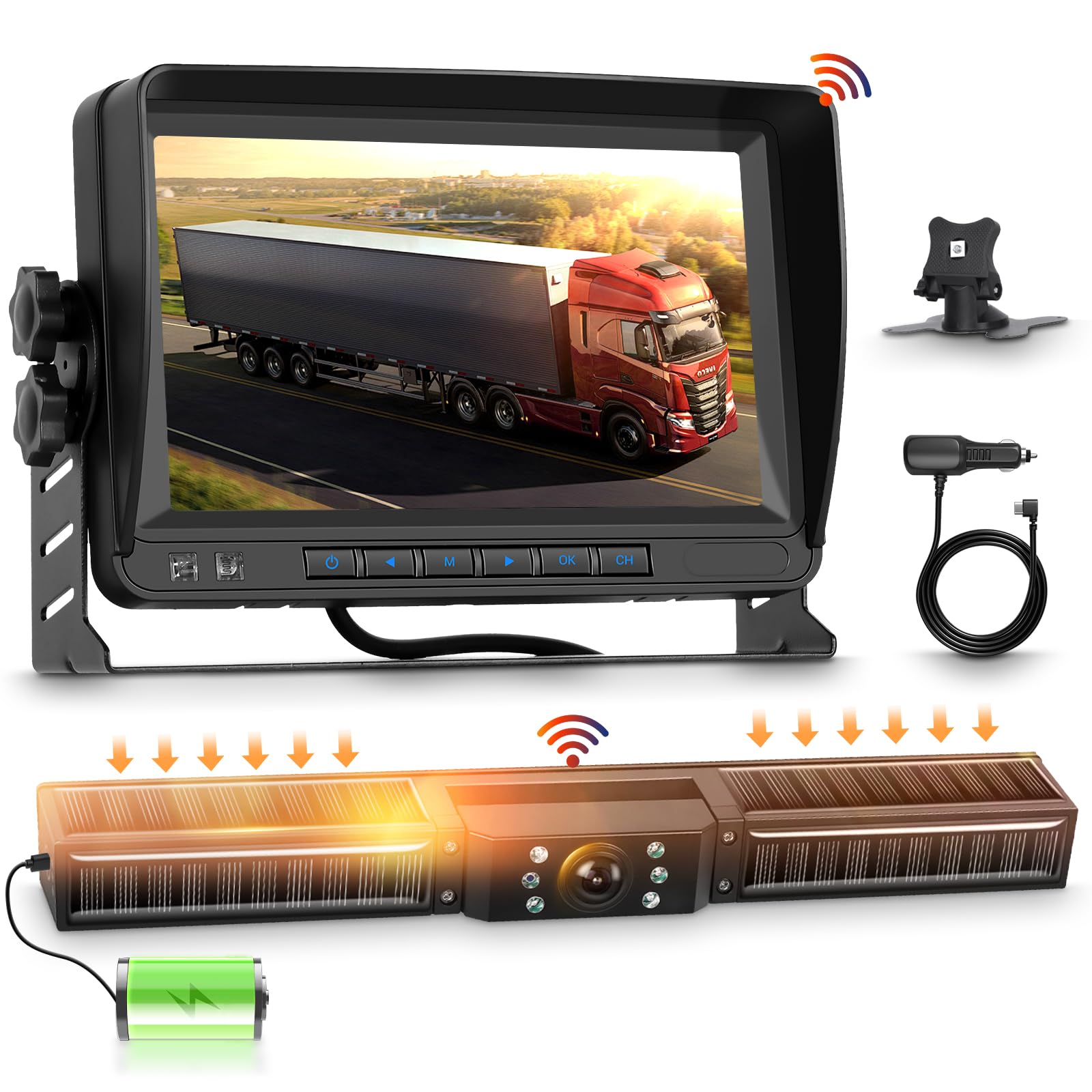 Hodozzy Solar Cámara Marcha Atrás Inalambrica Coche Kit Monitor 7 Pulgadas, Visión Nocturna 1080P 10000mAh Batería Recargable Cámara Trasera Solar Magnética Impermeable Grabación para Camion Caravana
