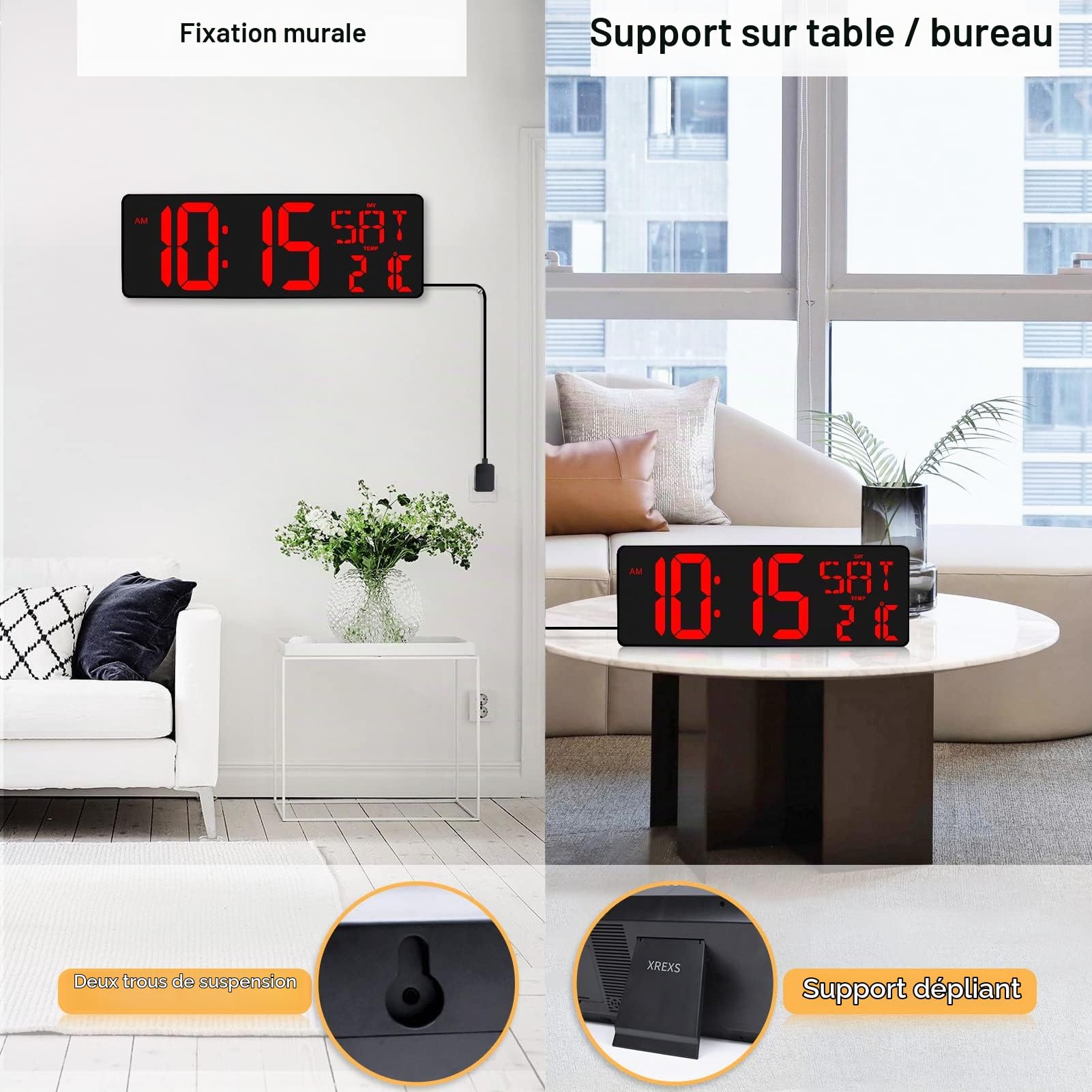 XREXS Horloge Murale LED 16,5" Télécommande Luminosité Réglable