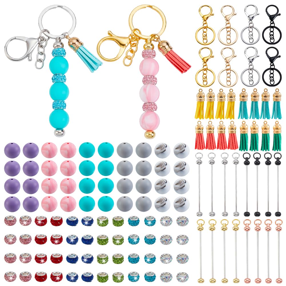 AHANDMAKER 156 Stück Perlen Schlüsselanhänger Bastelset, 16 Sets Perlen Schlüsselanhänger Stäbe mit 108 Stück Bubblegum 16 Stück Quasten Anhänger für DIY Bastelbedarf Schmuckherstellung