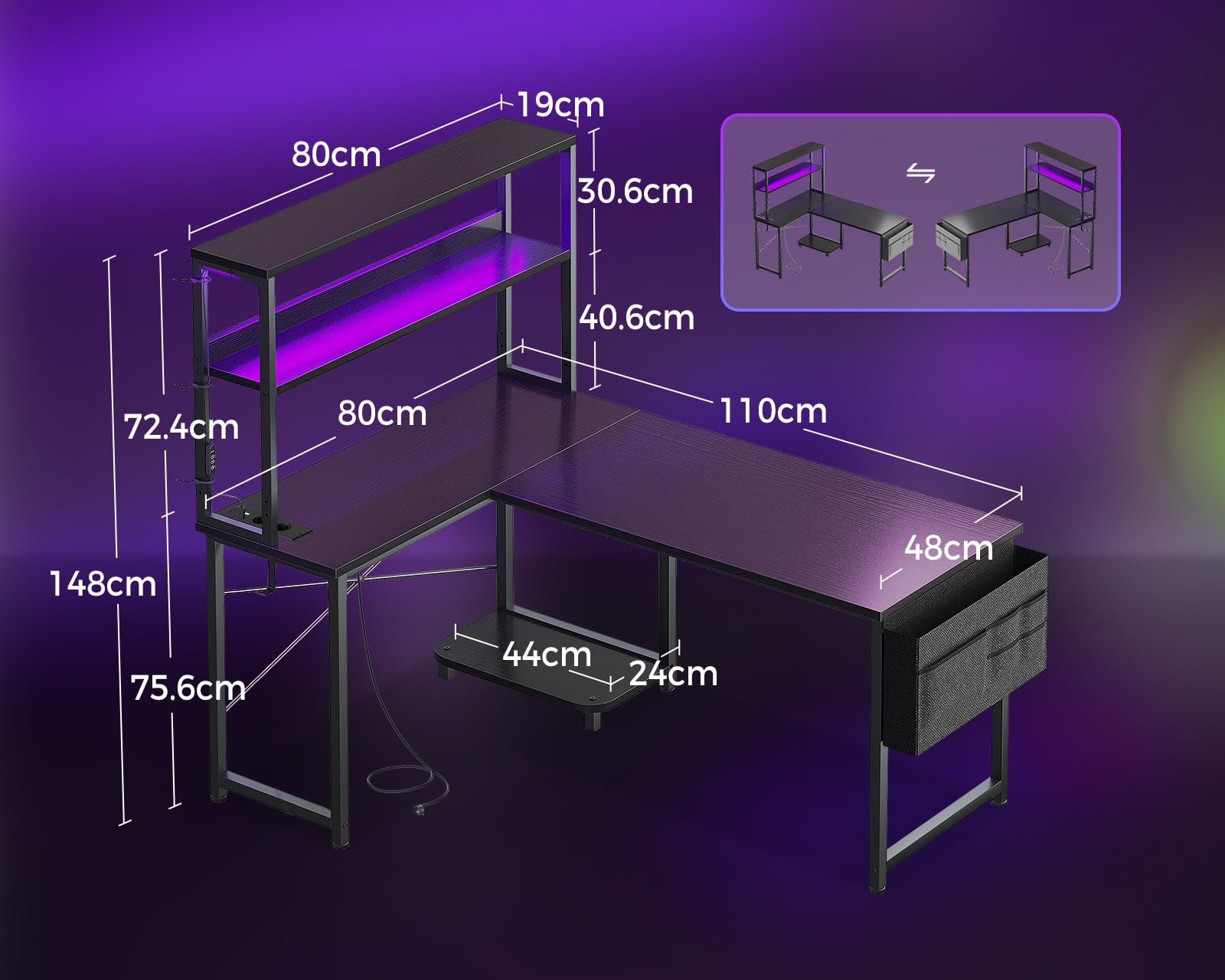 Coleshome Scrivania Gaming con LED e Prese, 110 × 80 cm Scrivania Gaming Angolare Reversibile con Scaffali Portaoggetti, Scrivania Angolare con Borsa Portaoggetti per Giocatori, Nero