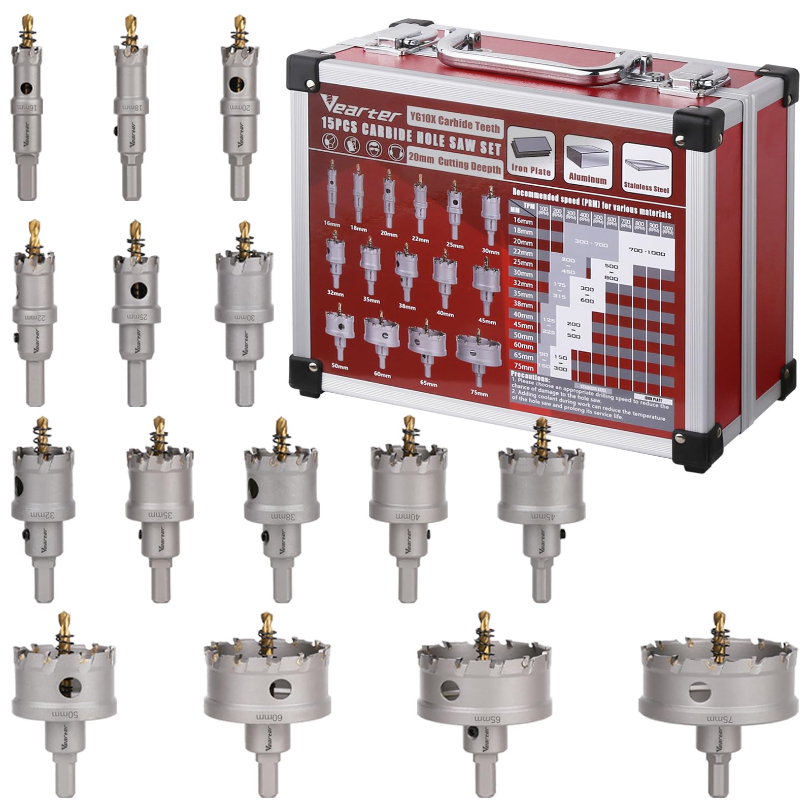 15 Stück Lochsäge Set, 16–75mm Hartmetall Lochsägen Set, TCT Lochbohrer Bohrer für Edelstahl, Eisen, Baustahl, Aluminium, Legierung, Kunststoff, Glasfaser