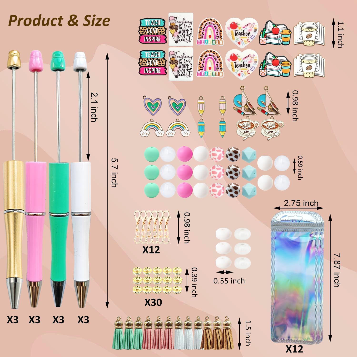 JNwhy Beadable Pens 12 Sets DIY Beaded Ballpoint Pens Making Kit with Silicone Focal Beads Alloy Pendants Assorted Tassels (Teacher)