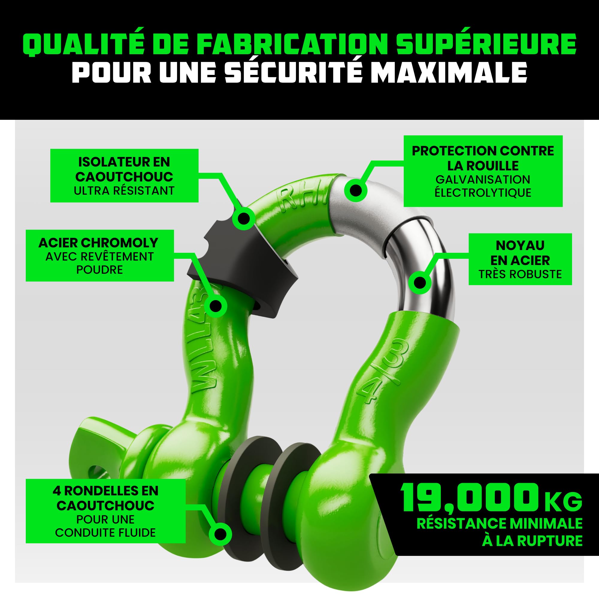 Rhino USA Écrous à D-Ring (2 pièces) Résistance à la Rupture 18,983kg - Manille Montage 1,9cm avec pin 2,2cm - pour Remorquage Utilisation 4X4 avec Sangle Remorquage pour Récupération Véhicule (Vert)