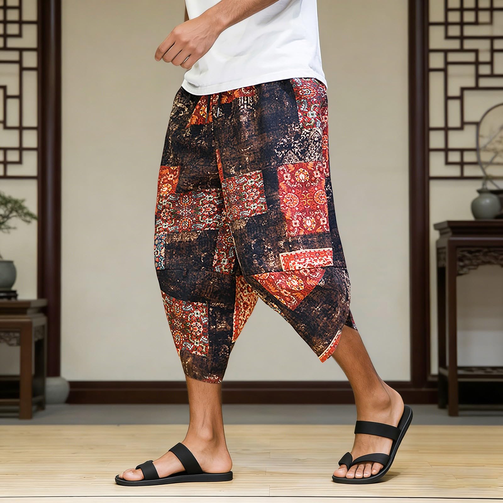 Pantalones de chándal para hombre, transpirables, pantalones harén, pantalones de lino, pierna ancha, cintura elástica, pantalones de ocio, pantalones deportivos con cordón, puños ajustados