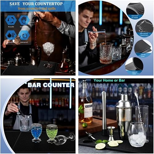 Miniatura 5 de IMIYOKU Juego de 5 tapetes de bar y posavasos de goma negra de 0.4 in de grosor, 24 x 12 pulgadas, con 4 posavasos de barra de diámetro de 4