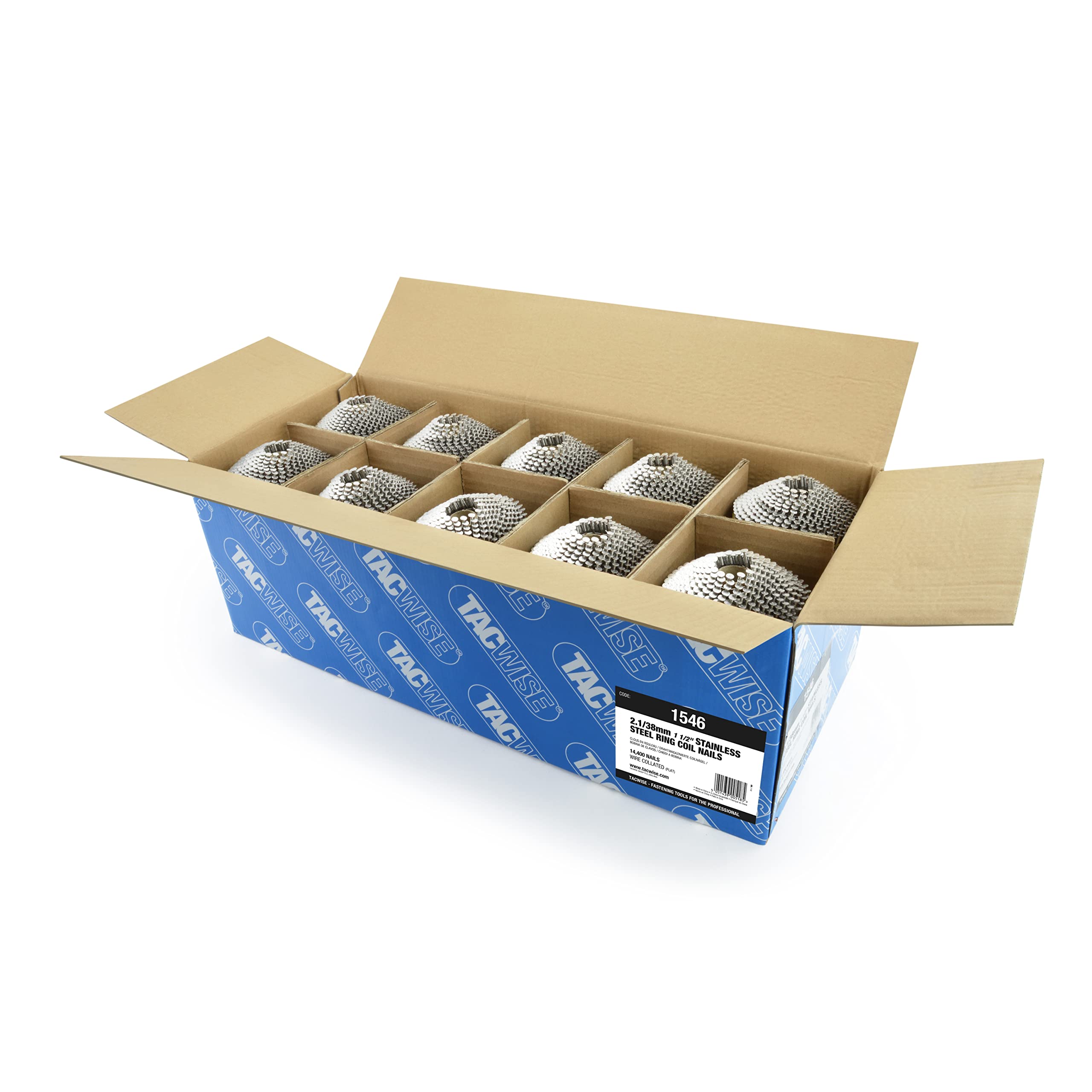 Tacwise 1546 Clous en Rouleau à Tête Conique Type 2,1/38 mm, Lot de 14.400 | Acier Inoxydable, Tige Annelée, Inclinés à 16°, Reliés en Fil