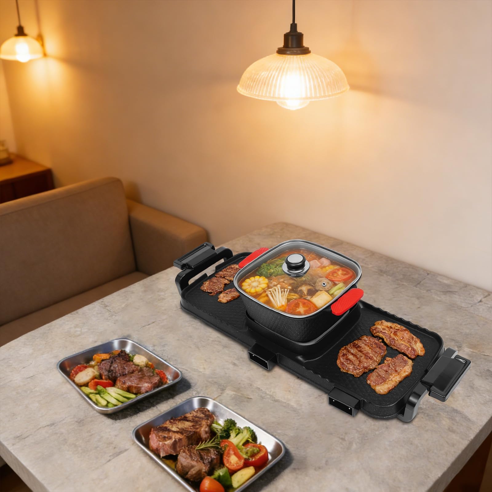 2 in 1 Elektrischer Hot Pot Grill, 2200W Multifunktionale BBQ Hot Pot, separate doppelte Temperaturregelung, koreanischer Indoor BBQ Grill für Familie, Abendessen