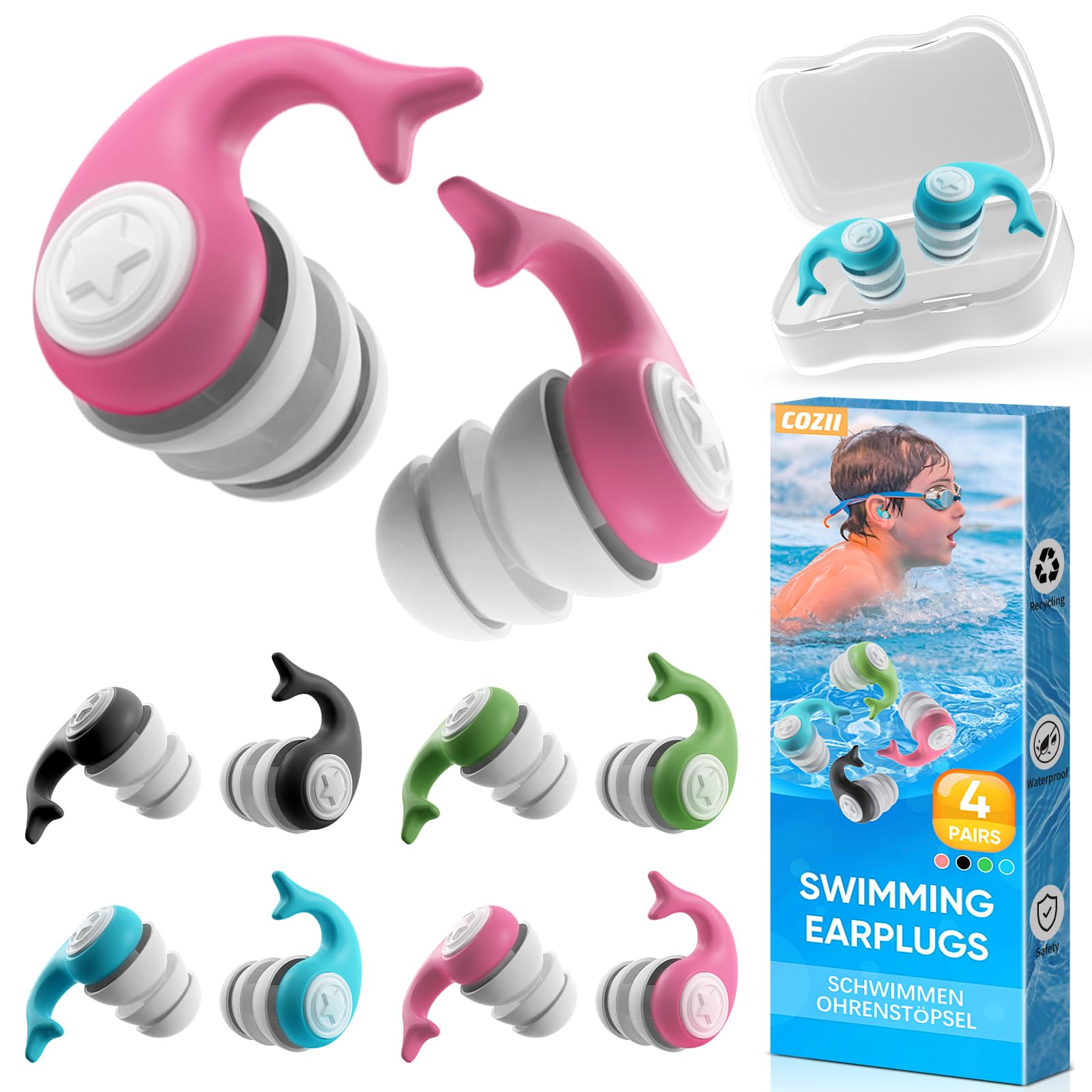 COZII Zatyczki do uszu do pływania, dla dzieci, 4 pary, wodoodporne, wielokrotnego użytku, silikonowe, do pływania, kąpieli, surfowania, snorkelingu, dla dzieci w wieku 4-14 lat
