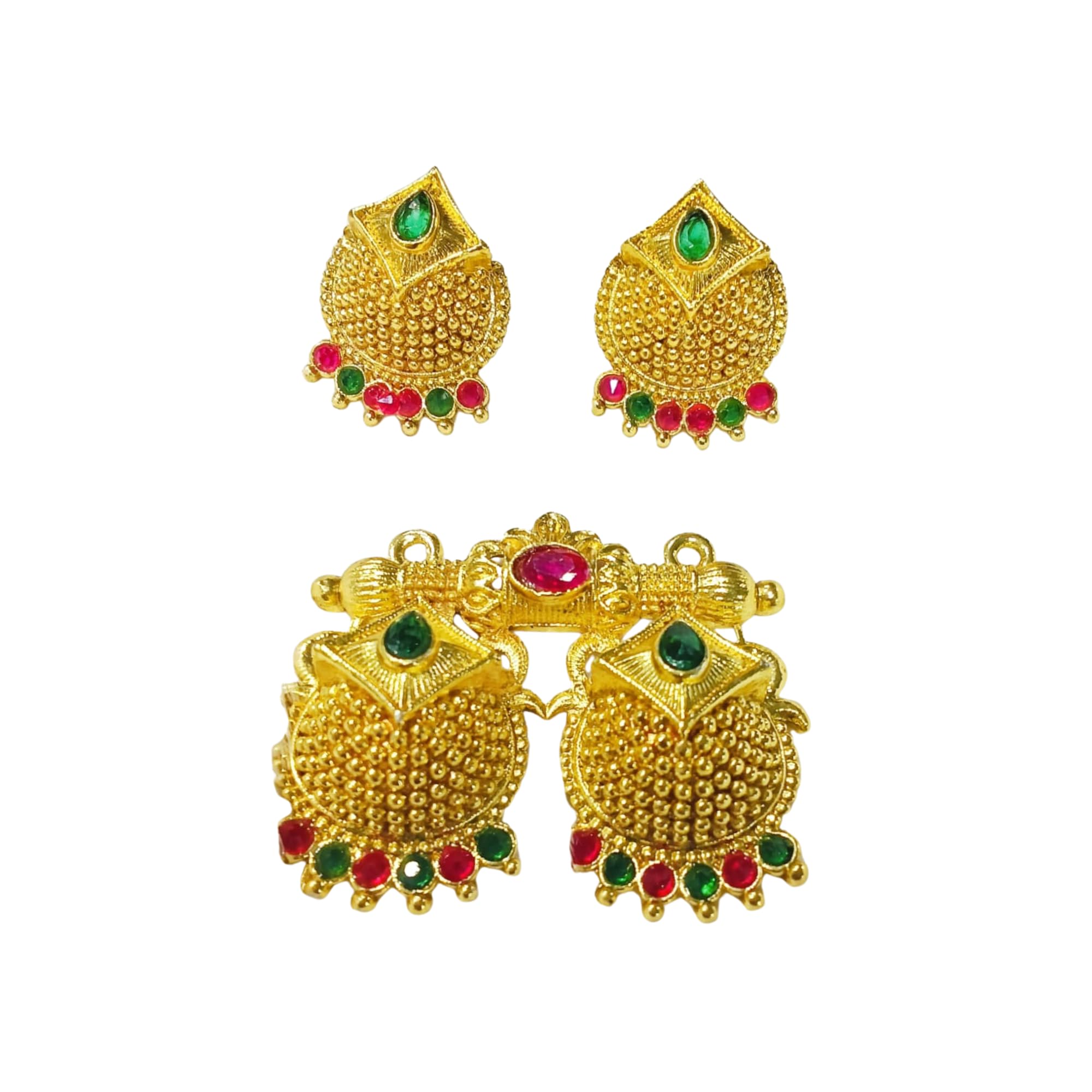 Traditional Gold Tone Pendant with Matching Stud Earrings for Women | Ethnic Temple Style Jewelry Set | Green & Ruby Red Stone Design | Festive, Wedding & Party-image-10