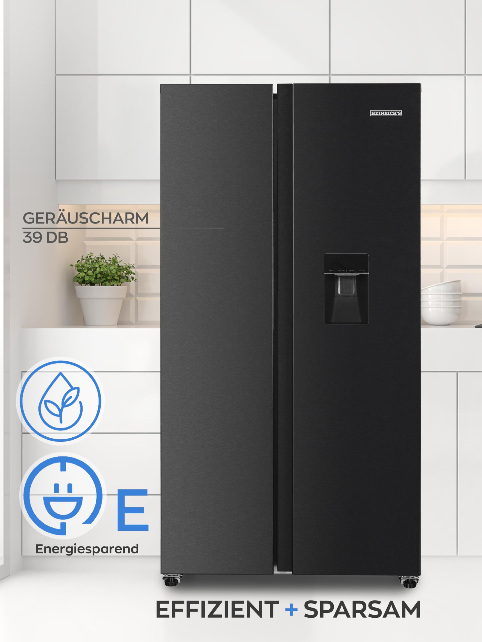 Heinrich´s Side-by-Side Kühlschrank, Kühlgefrierkombination mit 439L Mega Gesamtvolumen, NO-FROST, 151L Gefriervolumen, inkl. Wasserspender, LED Beleuchtung,Touch, Multi-Airflow-System, Schwarz-Inox