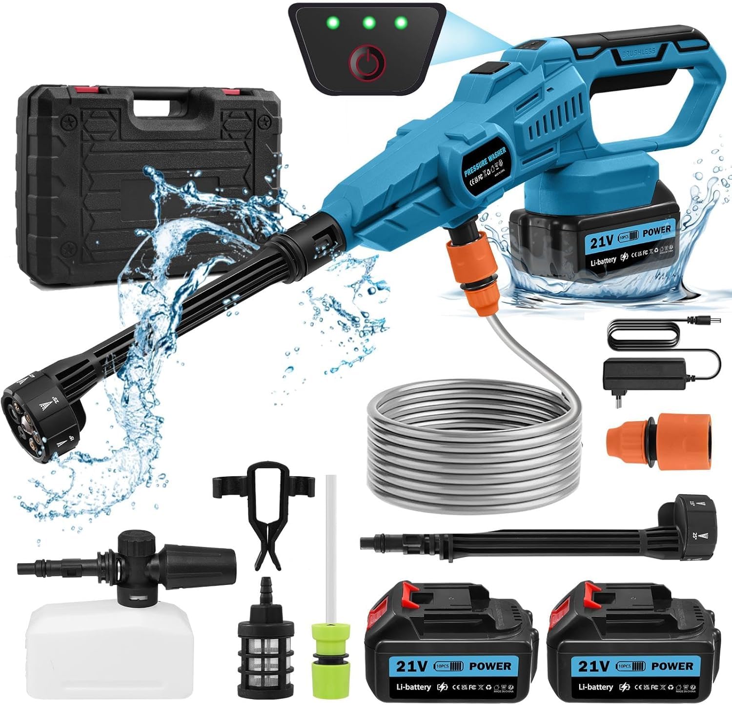 Nettoyeur haute pression sans fil avec 2 batteries de 3000 mAh | Max 120 bar Nettoyeur haute pression portable sans balais | Pistolet haute pression avec buse pulvérisateur à mousse