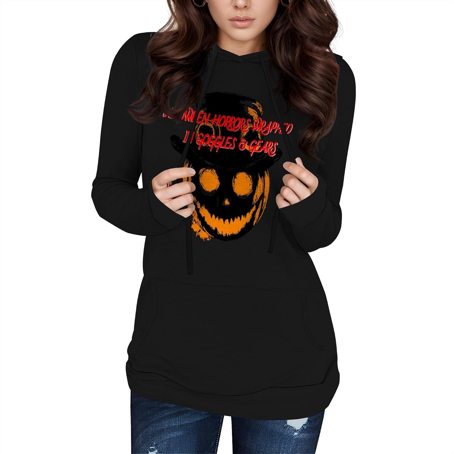 domirica Halloween Hooded Sweatshirt Long Sleeve Pocket Trendy Pumpkin Skull Sweatshirt Halloween Costumes For Holiday Party