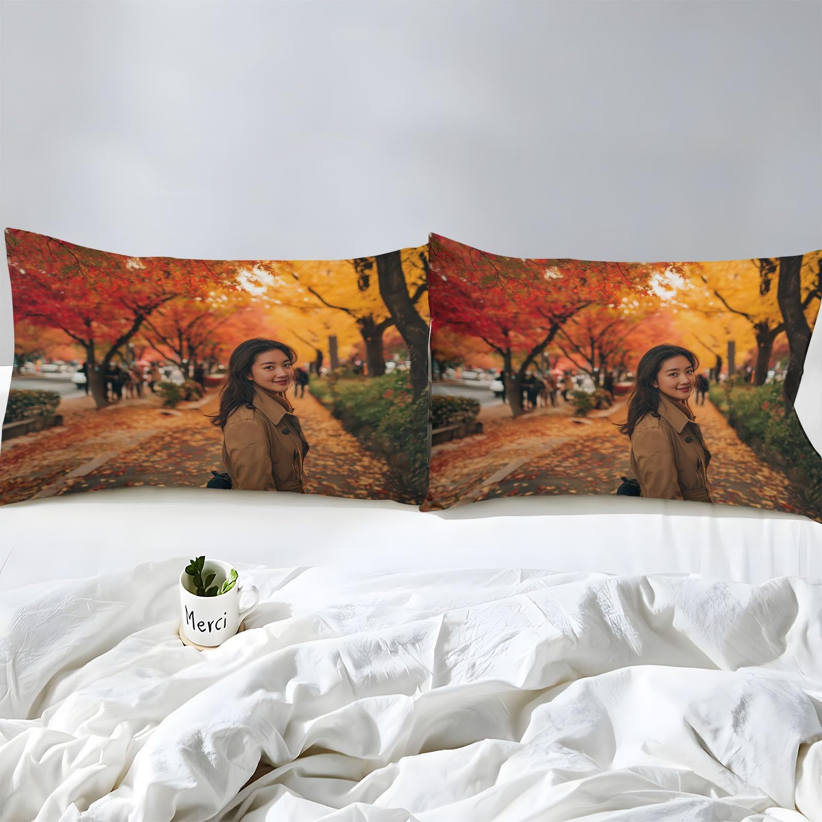 Park Asian Beauty Seul prześcieradło z gumką z nadrukiem w kolorze pomarańczowym, zestaw pościeli z nadrukiem 90 x 190 cm, z dwiema poszewkami na poduszki 65 x 65 cm beżowa kieszeń 30 cm - odporne na