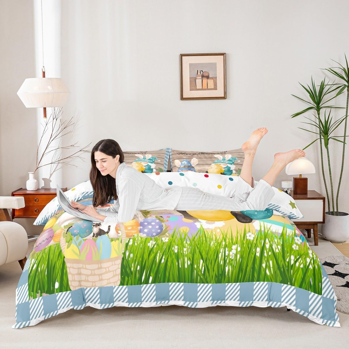 Happy Easter Duvet Cover Set King Size Cute Rabbit Gnomes Bedding Set 3pcs for Kids Girls Boys Bedroom Blue Grid Watercolor Comforter Cover Rustic Farmhouse Brown Wooden Quilt Cover,2 Pillowcases
