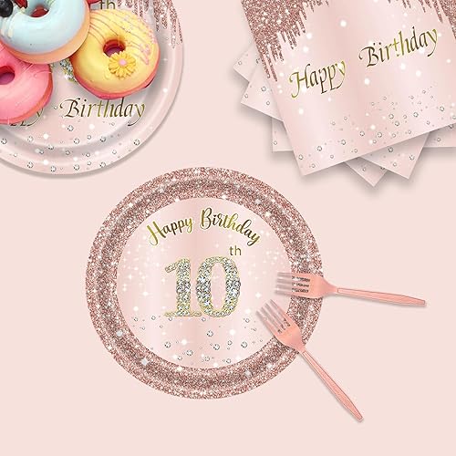 Miniatura 4 de 24 juegos de decraciones de fiesta de cumpleaños de 10 años de oro rosa para niñas, platos y servilletas, tenedores, suministros de fiesta para