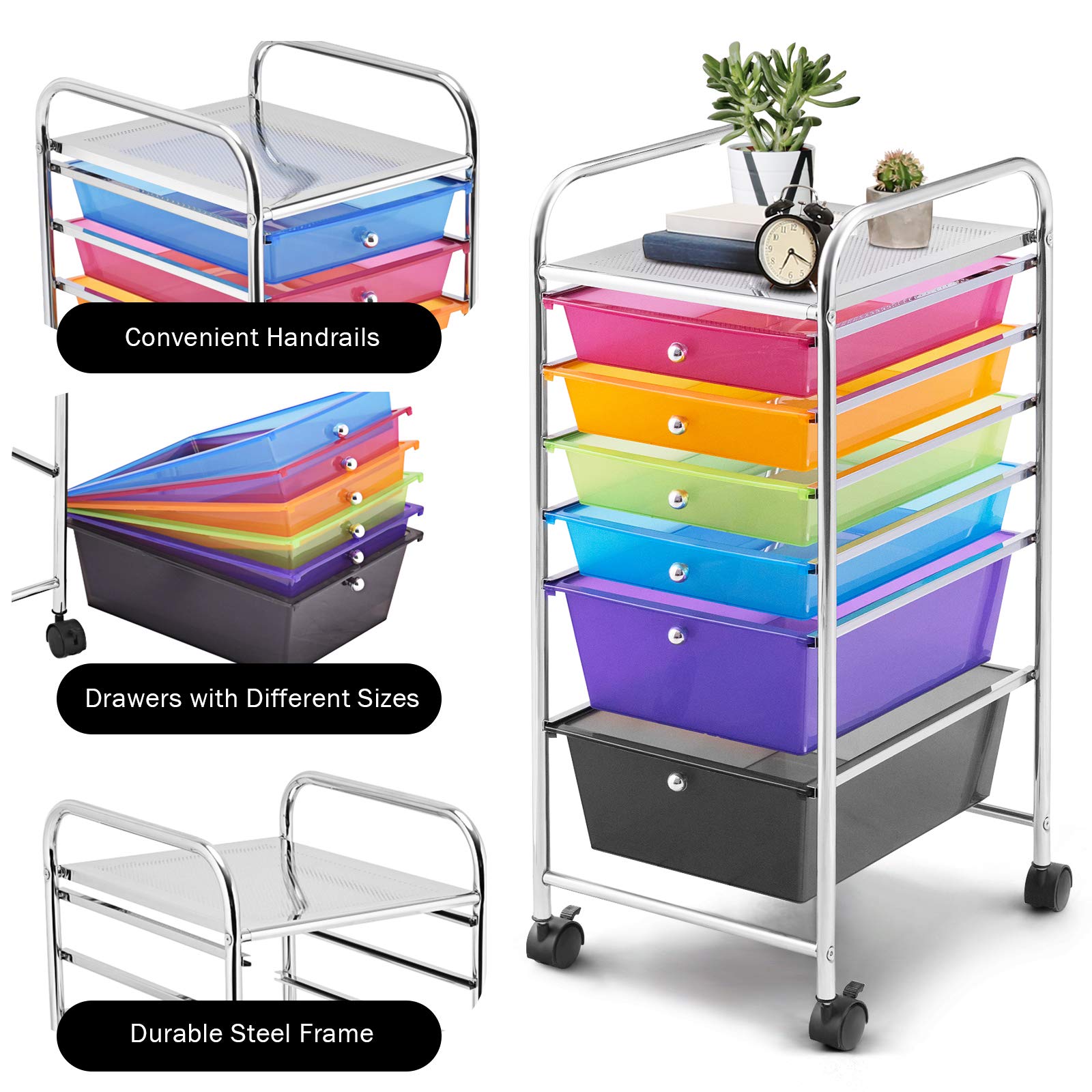 GIANTEX Carrello con 6 Cassetti, Portaoggetti Multistrato, Carrello da Stoccaggio a 6 Ripiani, Contenitore con Ruote, Scaffale Mobile Salvaspazio, 32x37x74 cm, Colorato