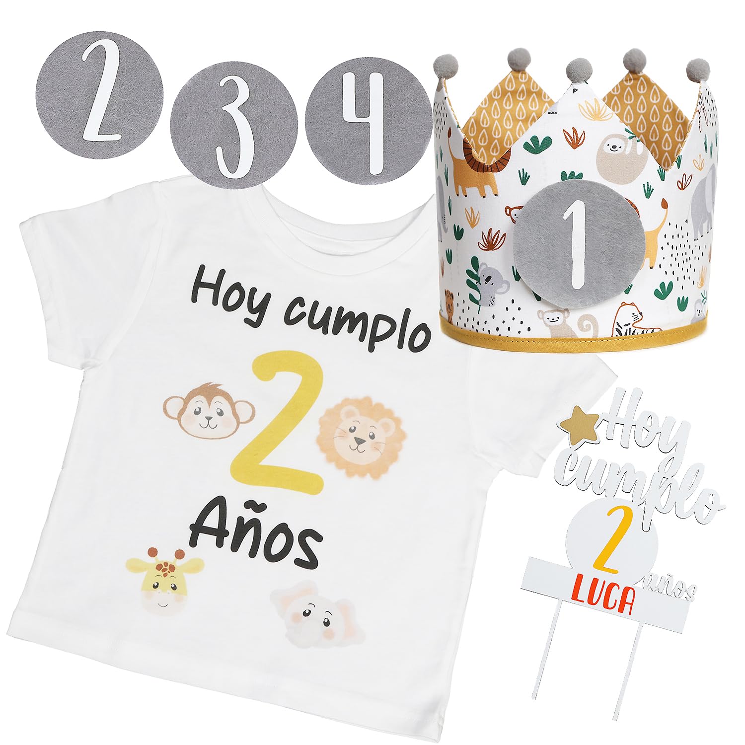 Pack Cumpleaños Infantil Personalizado - Incluye Corona, Camiseta Temática y Topper decorativo para Tarta - Decoración para Fiesta de Niños. Modelo Wild life. (Camiseta talla 1 año, Manga Corta)