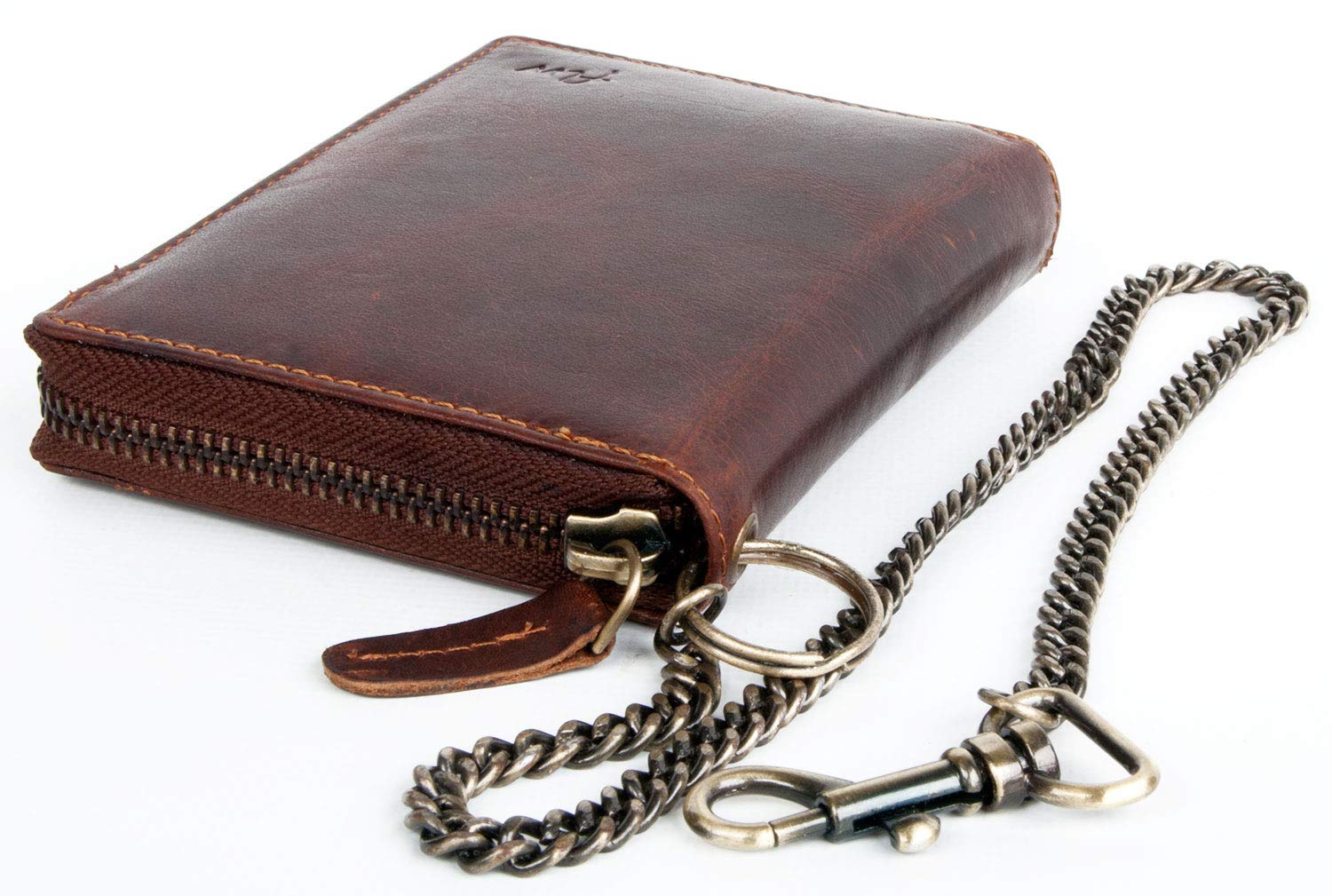 FLW Billetera marrón Estilo Motero Zip Alrededor de Cuero Genuino con Cadena de Metal