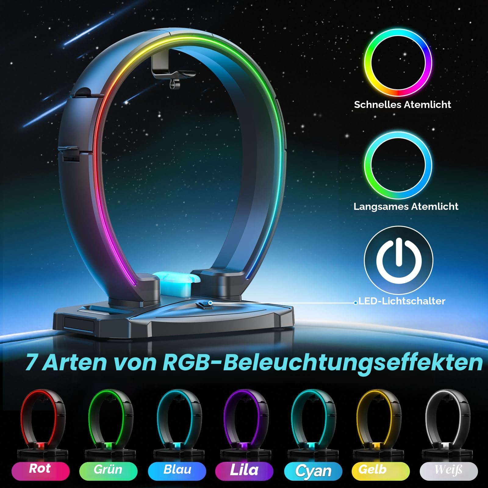 KDD Led Kopfhörer Ständer mit 9 Lichtmodi – Gaming Headset Halterung Schreibtisch – Faltbar Controller Halter mit Kabel Organizer - Headset und Controller Haltrung für Gamer PC Gaming Zubehör