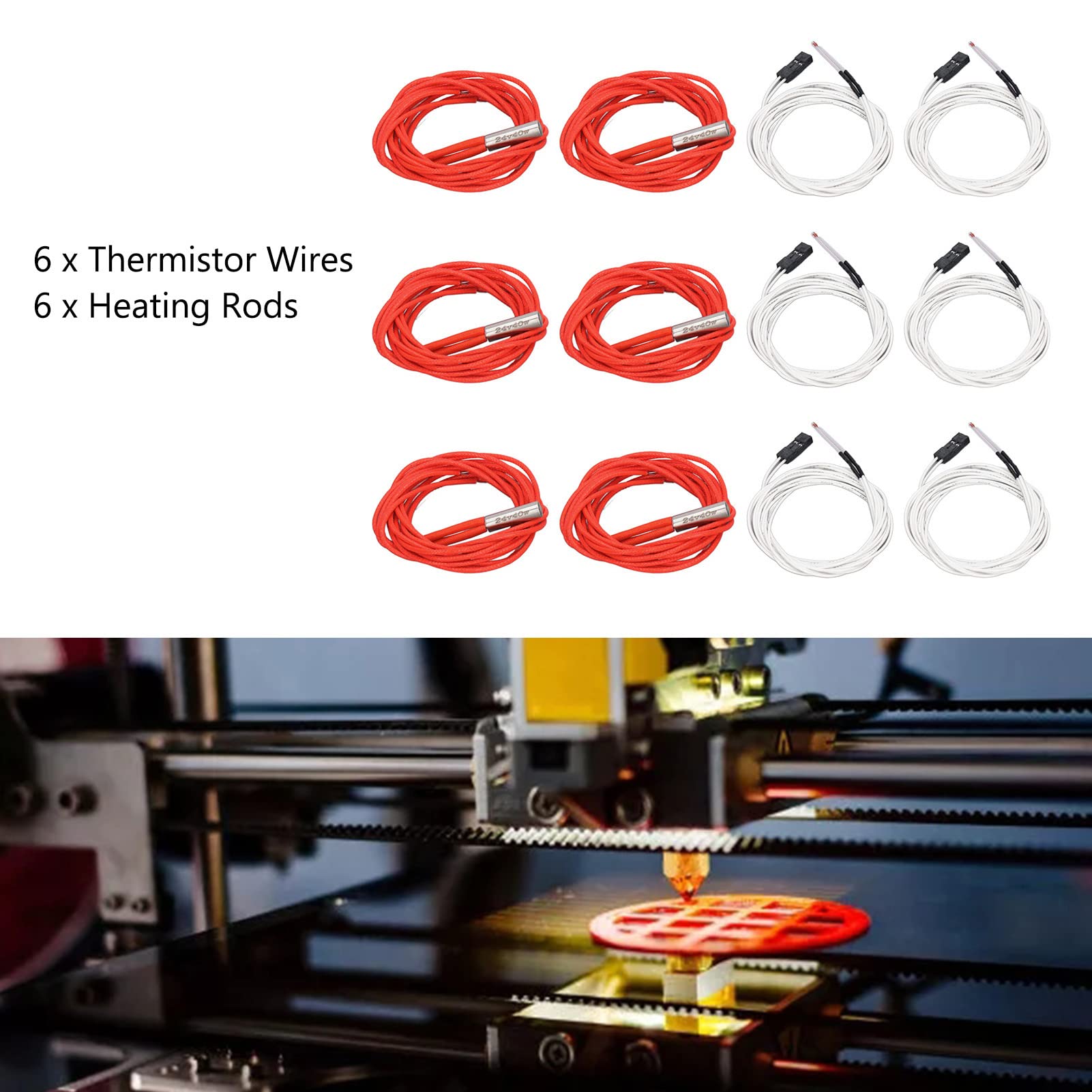 Calentador de cartucho de cerámica de 6 uds, cables de termistor con varillas de calentamiento de terminales, accesorios de extremo caliente para impresora 3D, 24V 40W