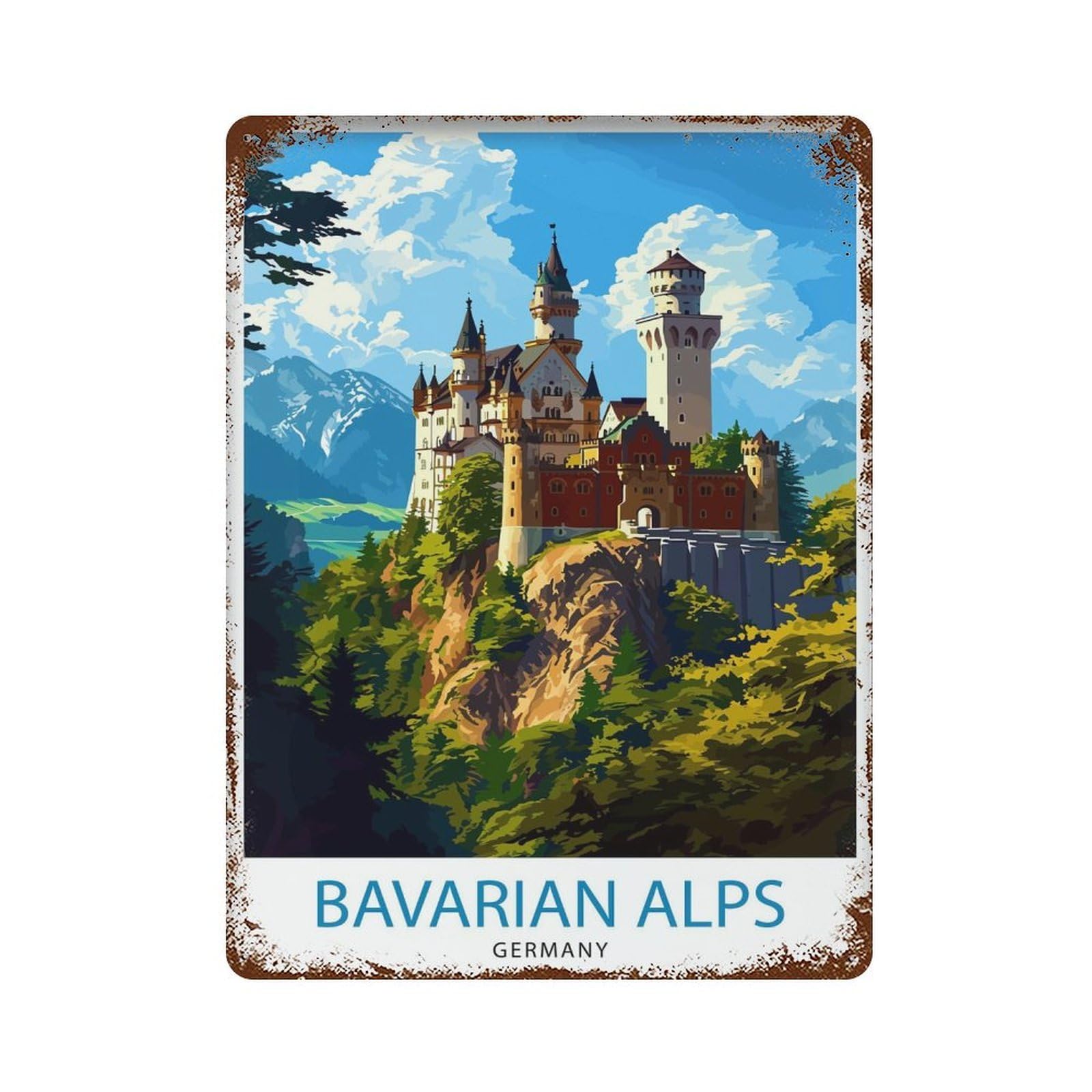 Bavarian Alps Germany Scenic Mountain Landscape German Alpine Neuschwanstein Castle View Hiking_5 Wall Decor Art Metal Tin Poster Modern Home Decor Art Home Bar Shop Decorations Vintage Sign 40x30cm