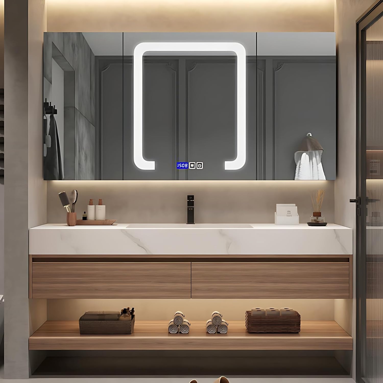 52IN Floating Bathroom Vanity with LED Light Strip, Intelligent Defogging Mirror, Storage Cabinet, Modern Bathroom Vanities Sink Combo