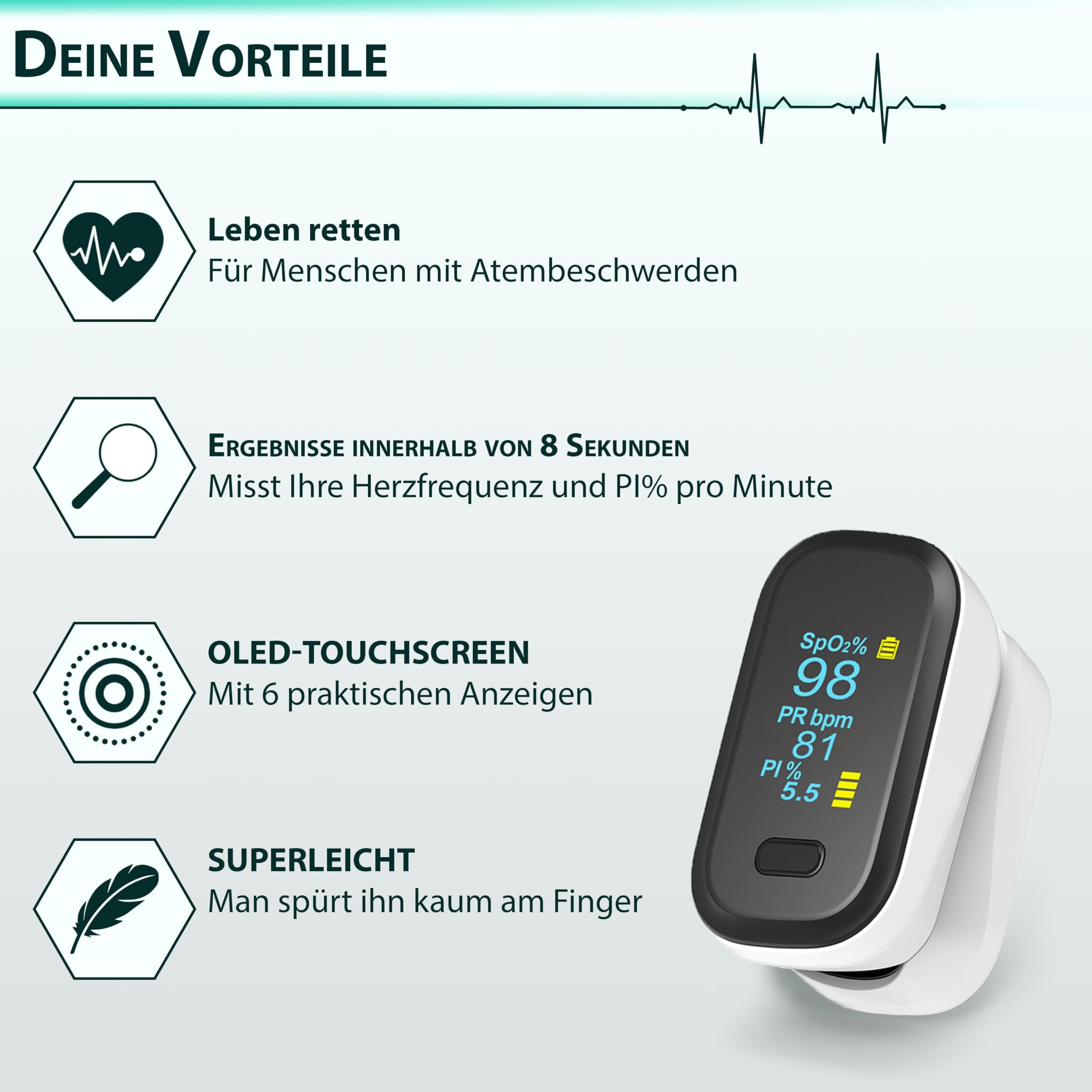 Pulsoximeter Fingeroximeter – Sauerstoffsättigung Finger Messgerät für SpO2 & Pulsmesser, Digitales Blutsauerstoffmessgerät mit OLED-Display, PI-Anzeige – Für Erwachsene, Kinder & Baby