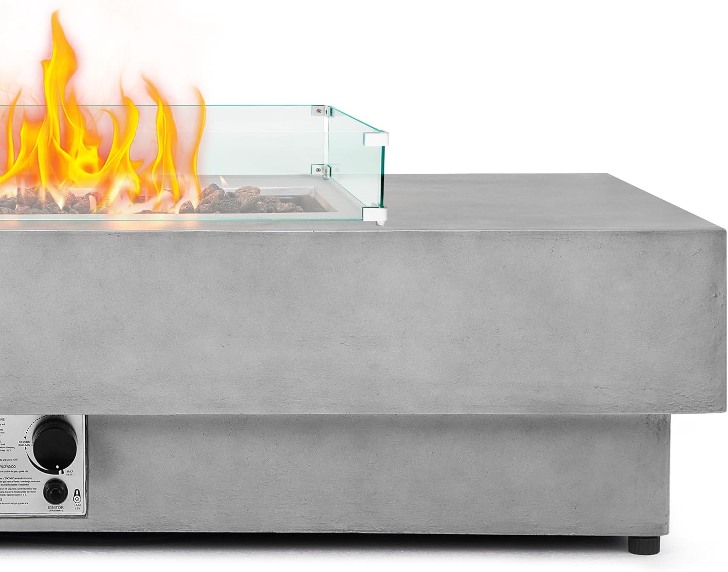 60" Rectangular Propane Fire Pit – 3-Piece 50,000 BTU Concrete Fire Pit with Glass Wind Guard and Tank Cover Table – Outdoor Firepits – Gas Fireplace for Deck or Patio