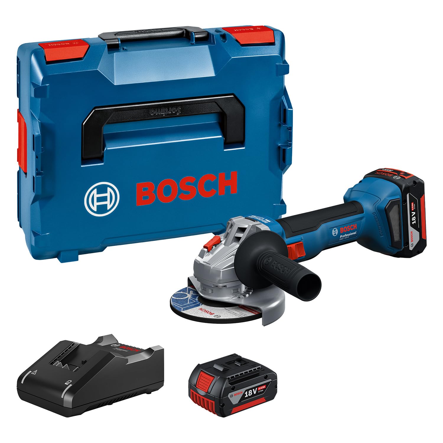 Bosch Professional 18V System amoladora angular a batería GWS 18V-8 (diámetro del disco de 125 mm, incl. 2 baterías GBA 4.0Ah, cargador GAL 18V-40, L-BOXX)